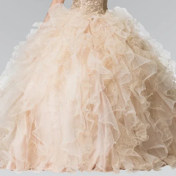 NEW LONG SLEEVELESS MESH BALL GOWN EMBROIDERED WITH RHINESTONES & LACE GL2208